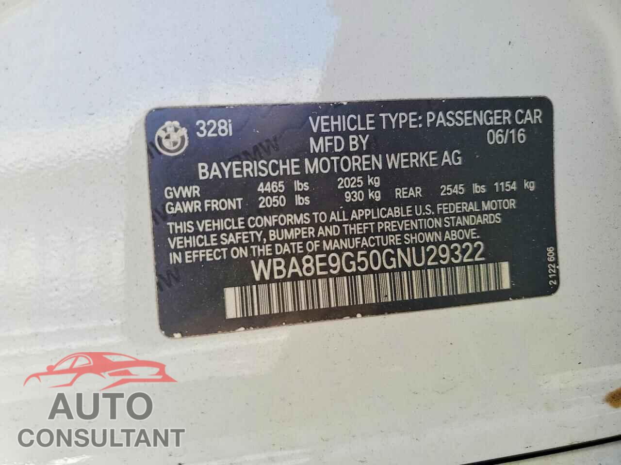 BMW 3 SERIES 2016 - WBA8E9G50GNU29322
