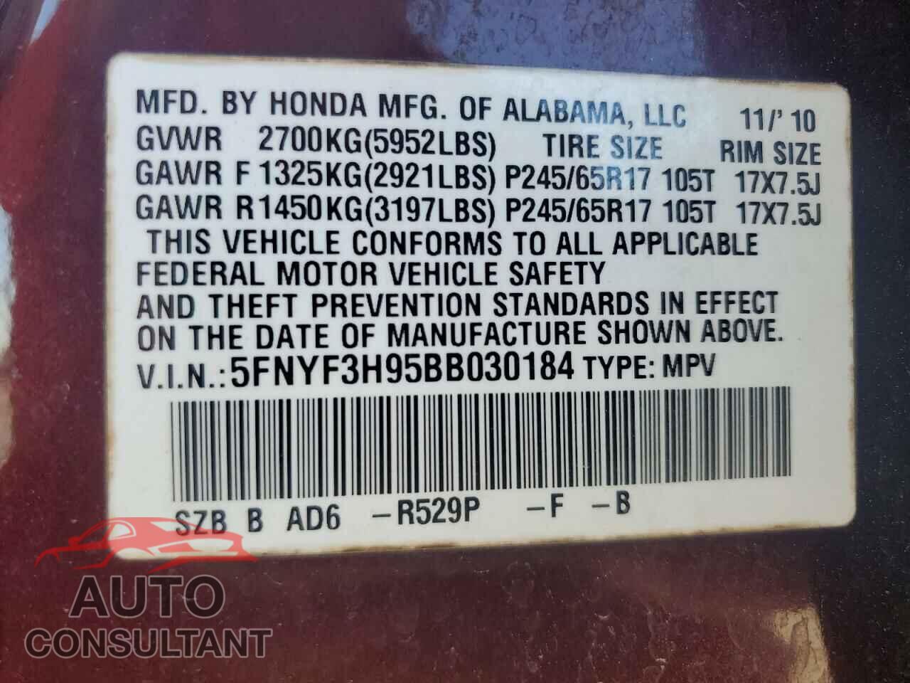 HONDA PILOT 2011 - 5FNYF3H95BB030184