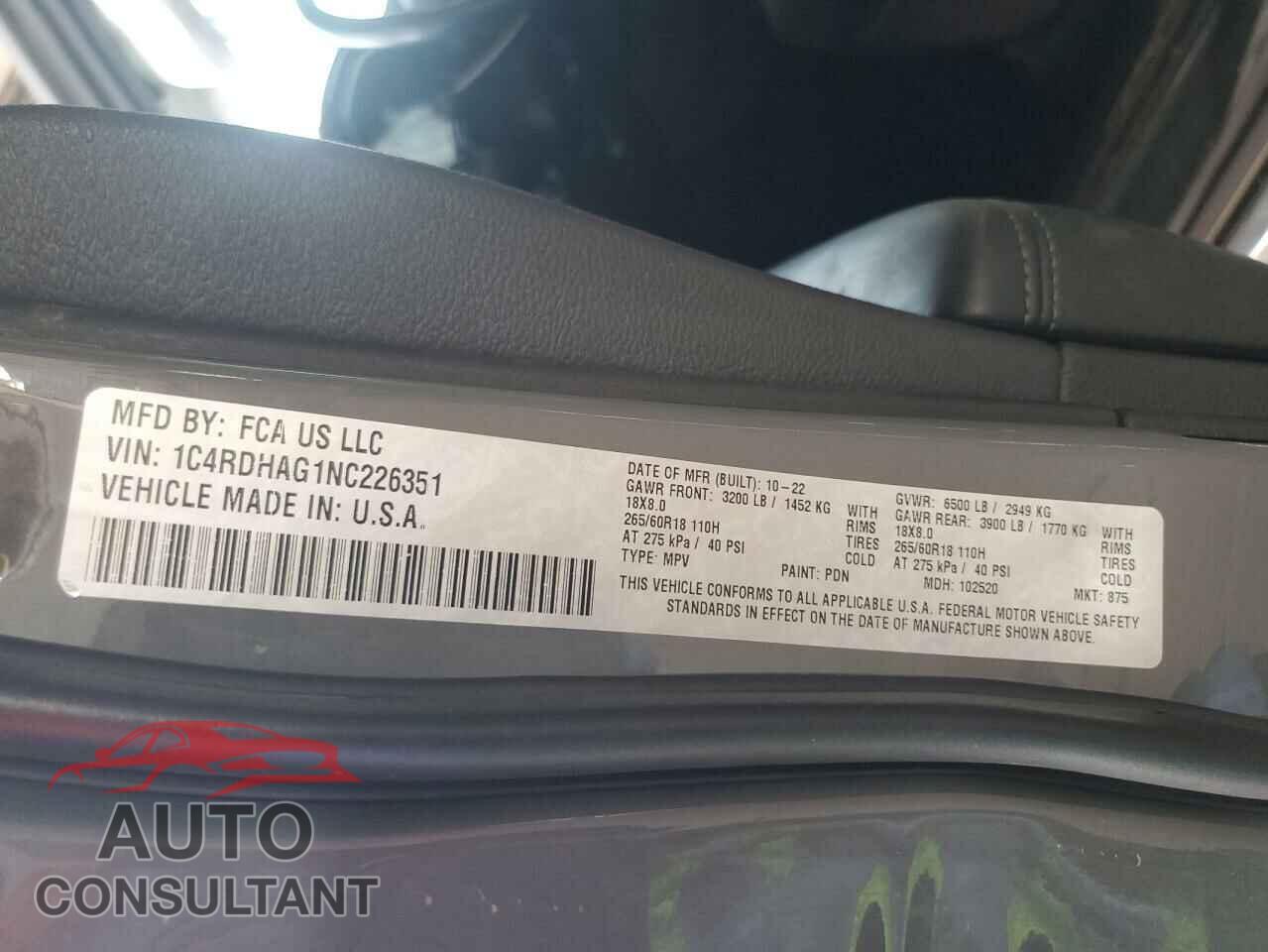 DODGE DURANGO 2022 - 1C4RDHAG1NC226351