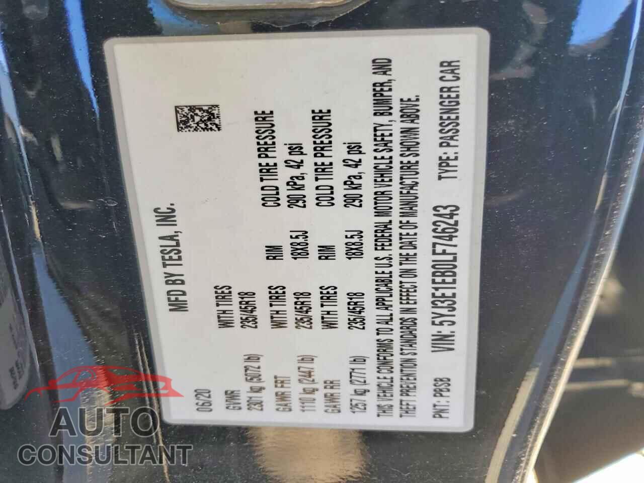 TESLA MODEL 3 2020 - 5YJ3E1EB0LF746243