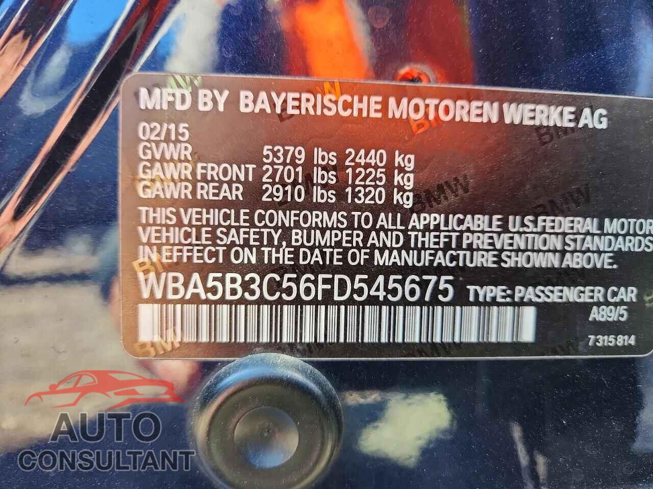 BMW 5 SERIES 2015 - WBA5B3C56FD545675