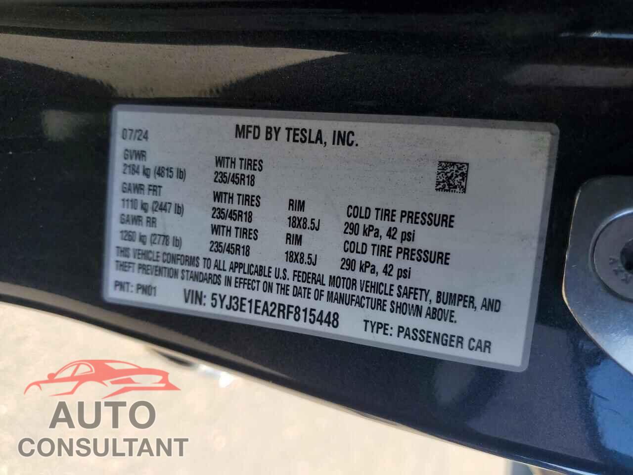 TESLA MODEL 3 2024 - 5YJ3E1EA2RF815448