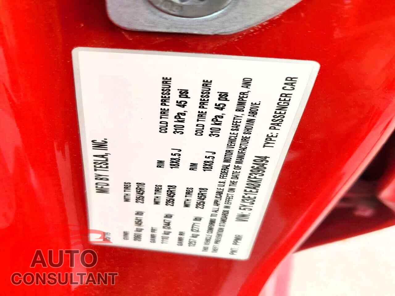 TESLA MODEL 3 2019 - 5YJ3E1EA8KF396494