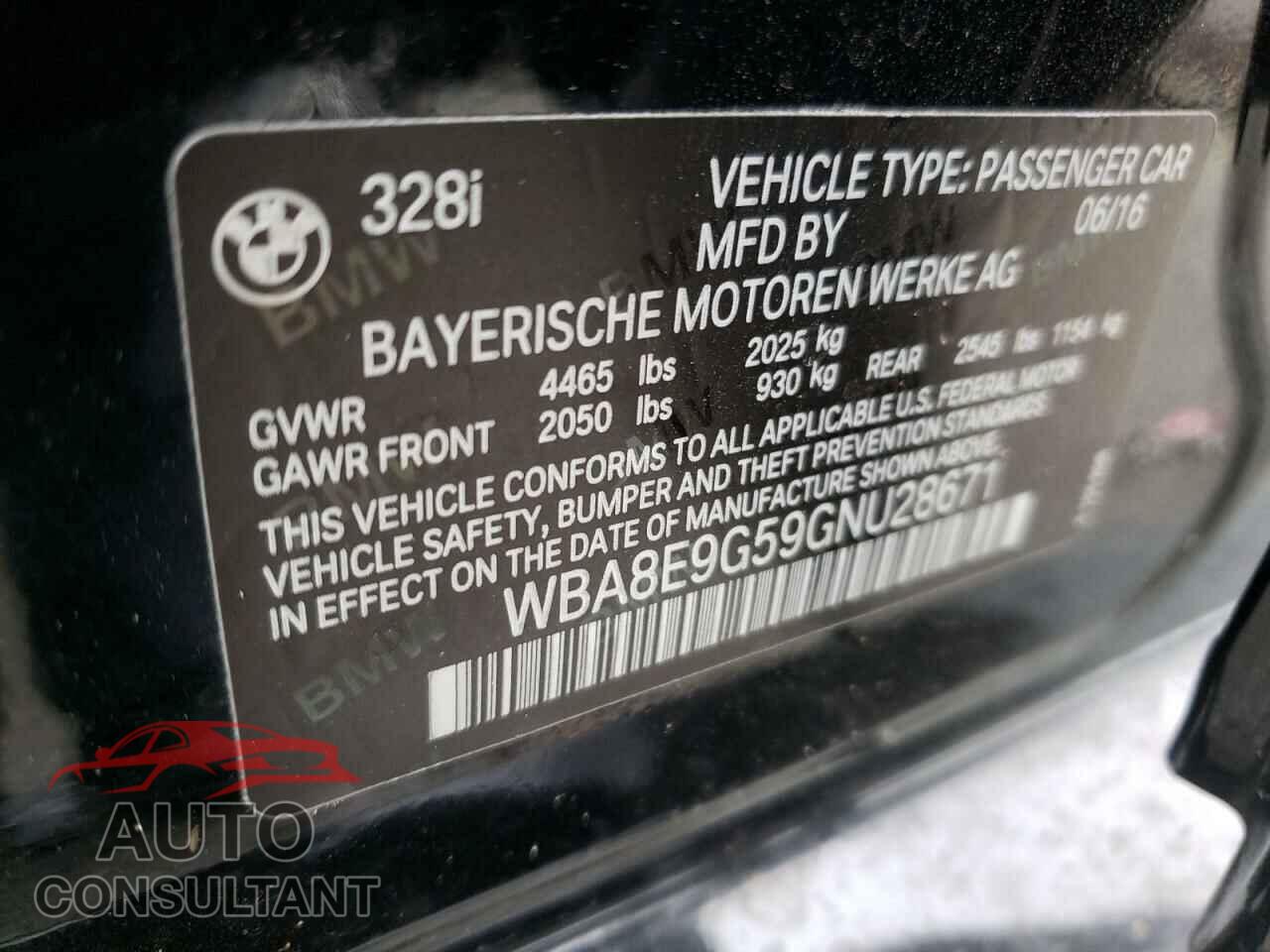 BMW 3 SERIES 2016 - WBA8E9G59GNU28671