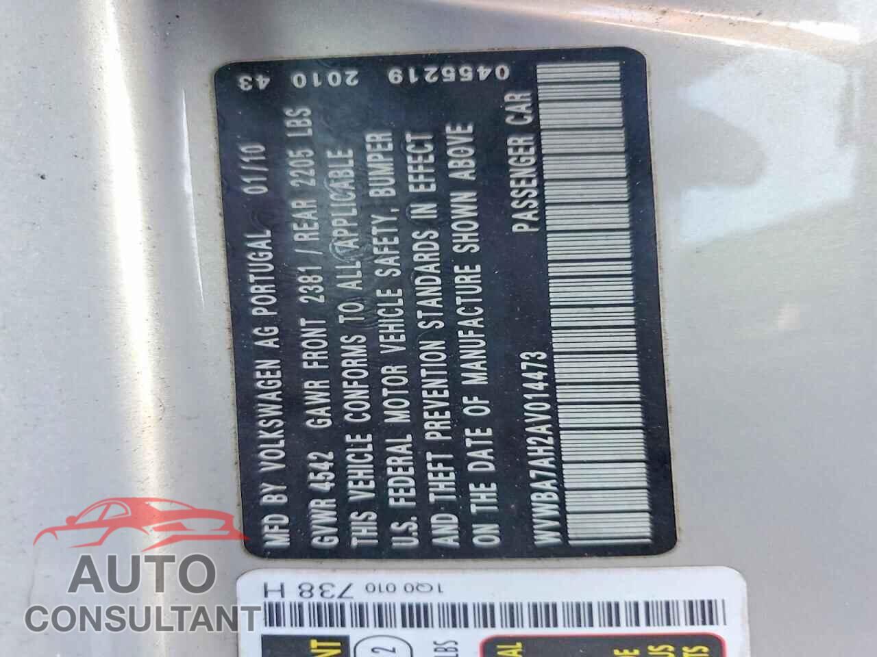 VOLKSWAGEN EOS 2010 - WVWBA7AH2AV014473