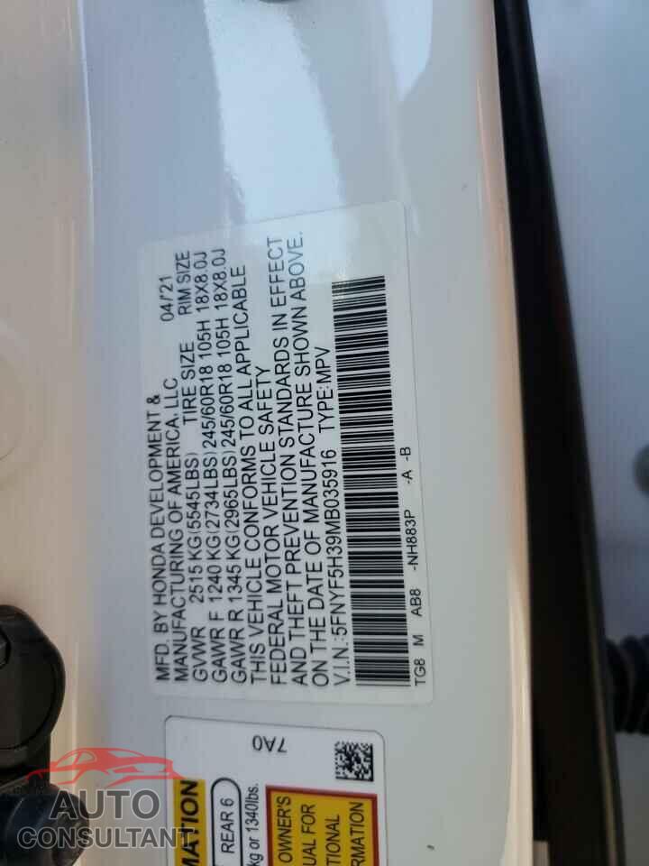 HONDA PILOT 2021 - 5FNYF5H39MB035916