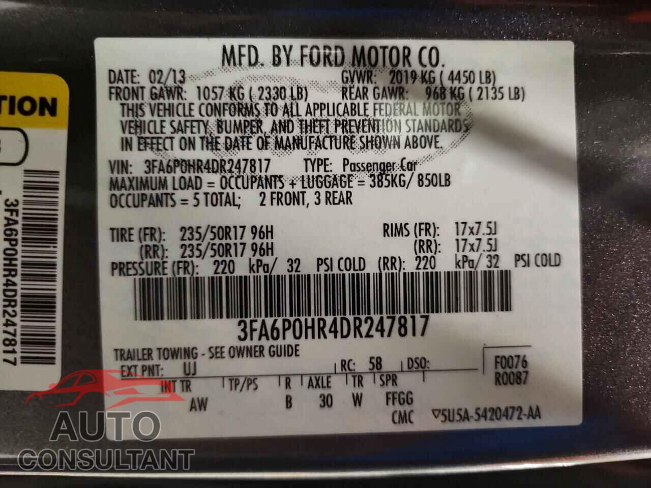FORD FUSION 2013 - 3FA6P0HR4DR247817
