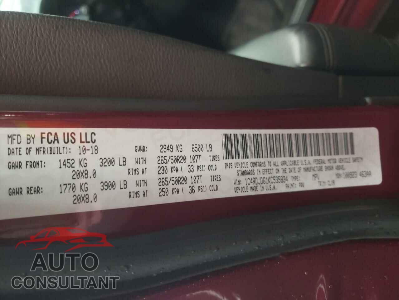 DODGE DURANGO 2019 - 1C4RDJDG1KC535834