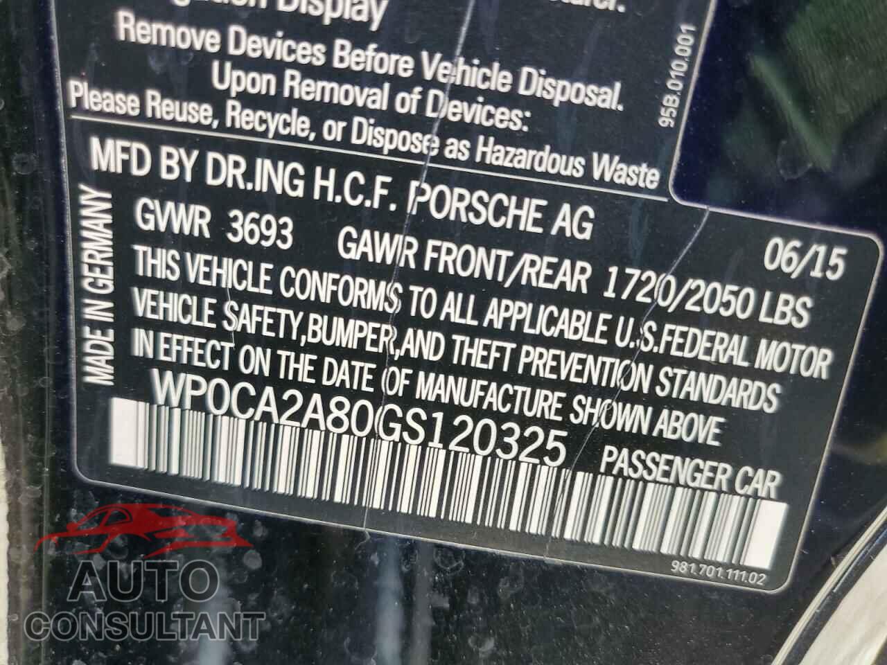 PORSCHE BOXSTER 2016 - WP0CA2A80GS120325