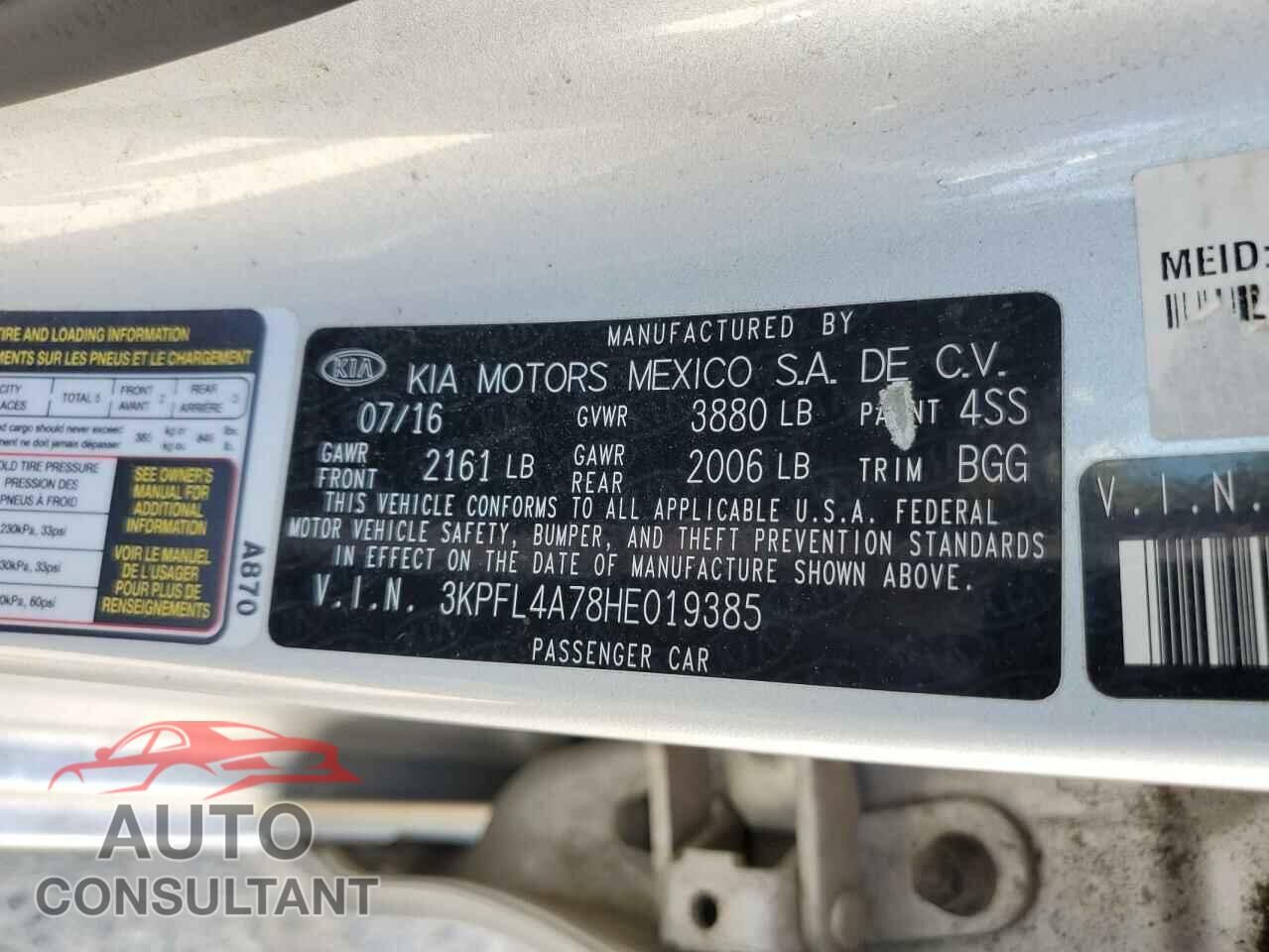 KIA FORTE 2017 - 3KPFL4A78HE019385