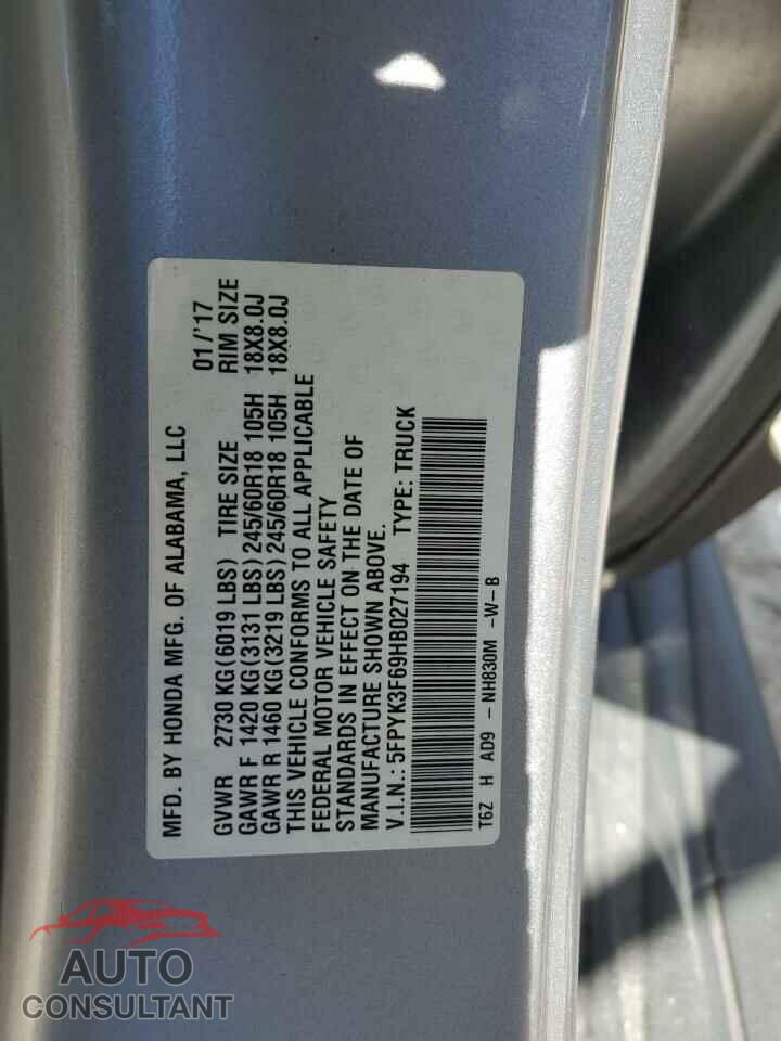 HONDA RIDGELINE 2017 - 5FPYK3F69HB027194