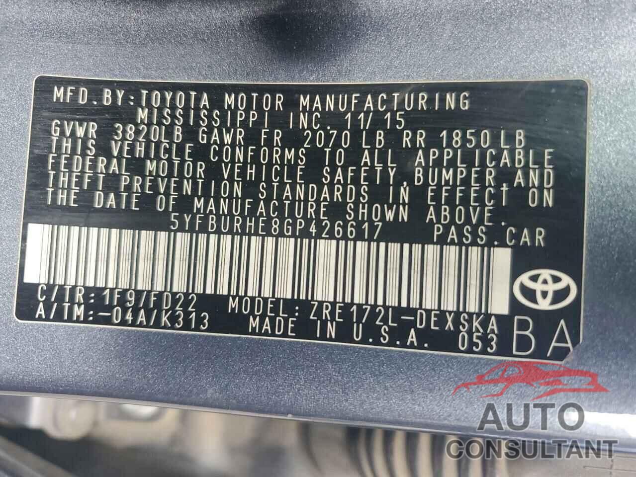 TOYOTA COROLLA 2016 - 5YFBURHE8GP426617