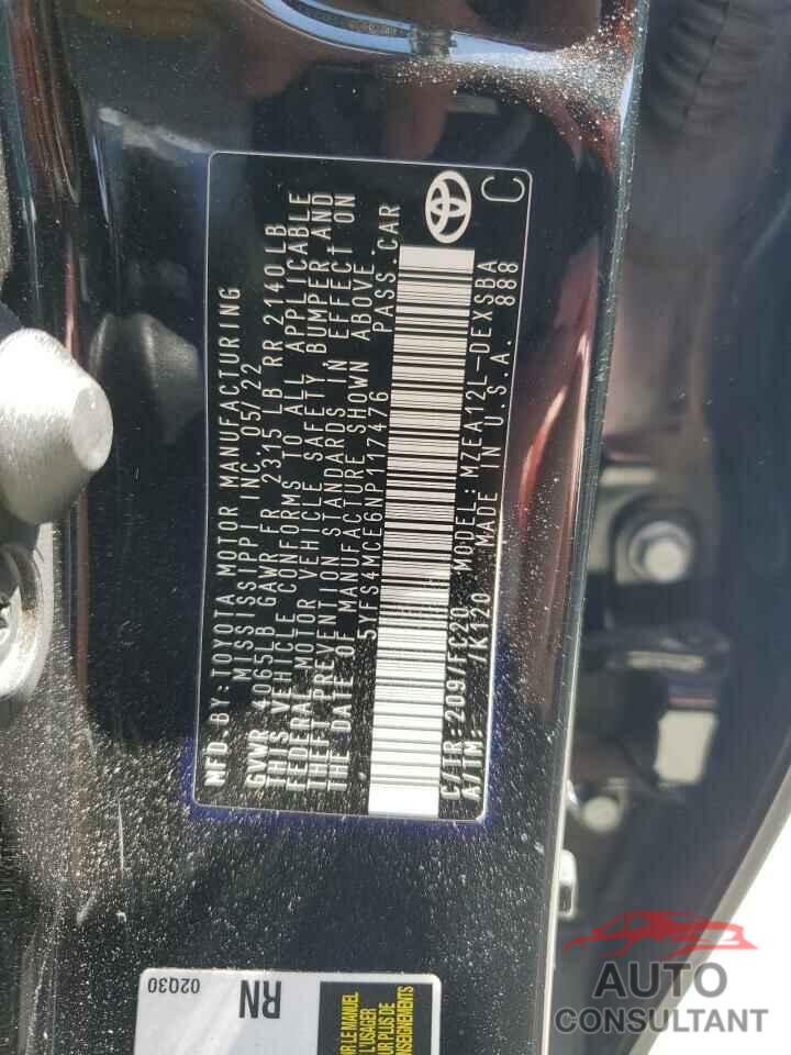 TOYOTA COROLLA 2022 - 5YFS4MCE6NP117476