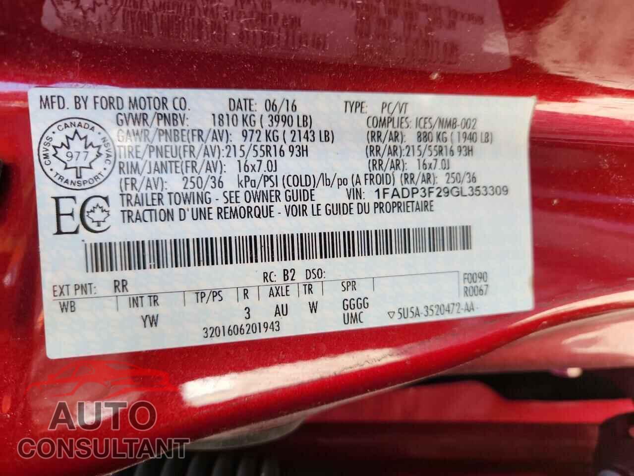 FORD FOCUS 2016 - 1FADP3F29GL353309