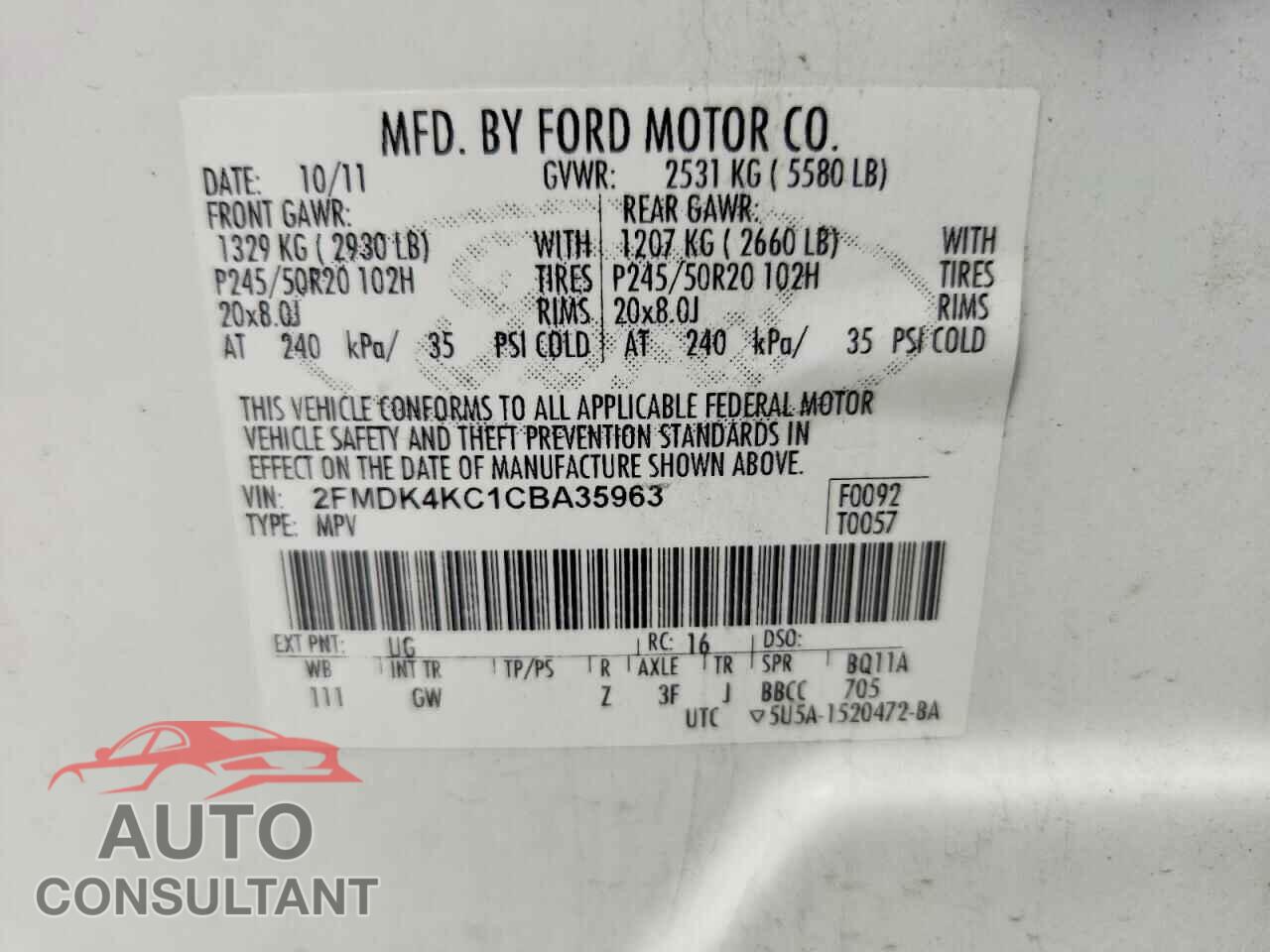 FORD EDGE 2012 - 2FMDK4KC1CBA35963