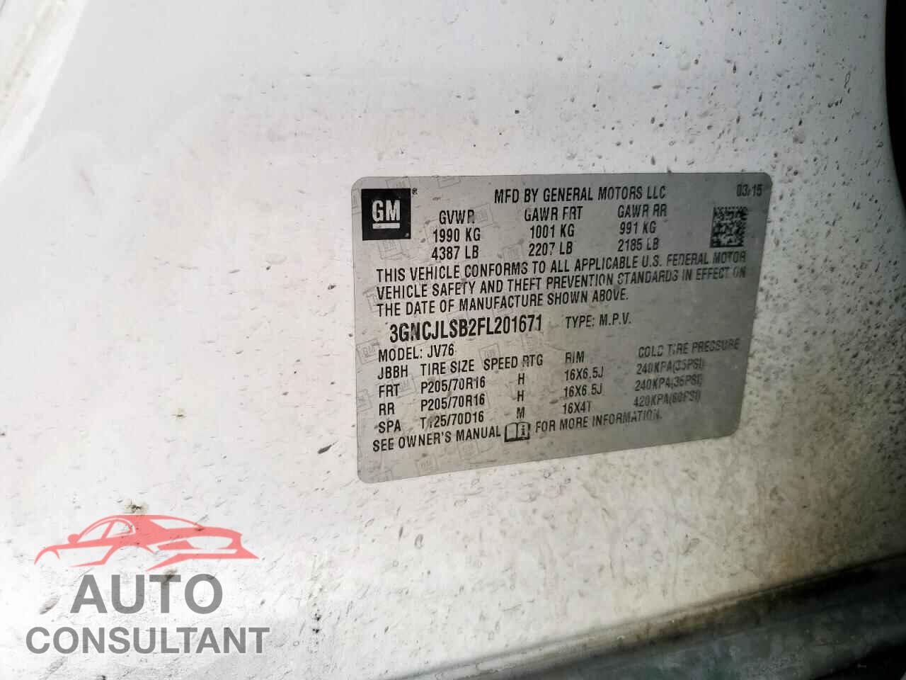 CHEVROLET TRAX 2015 - 3GNCJLSB2FL201671