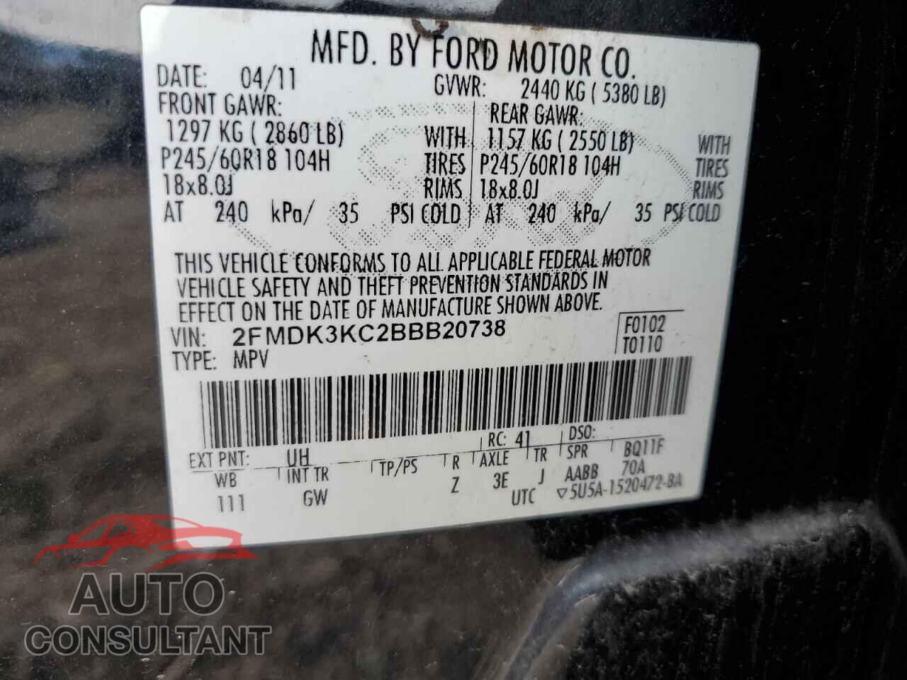 FORD EDGE 2011 - 2FMDK3KC2BBB20738