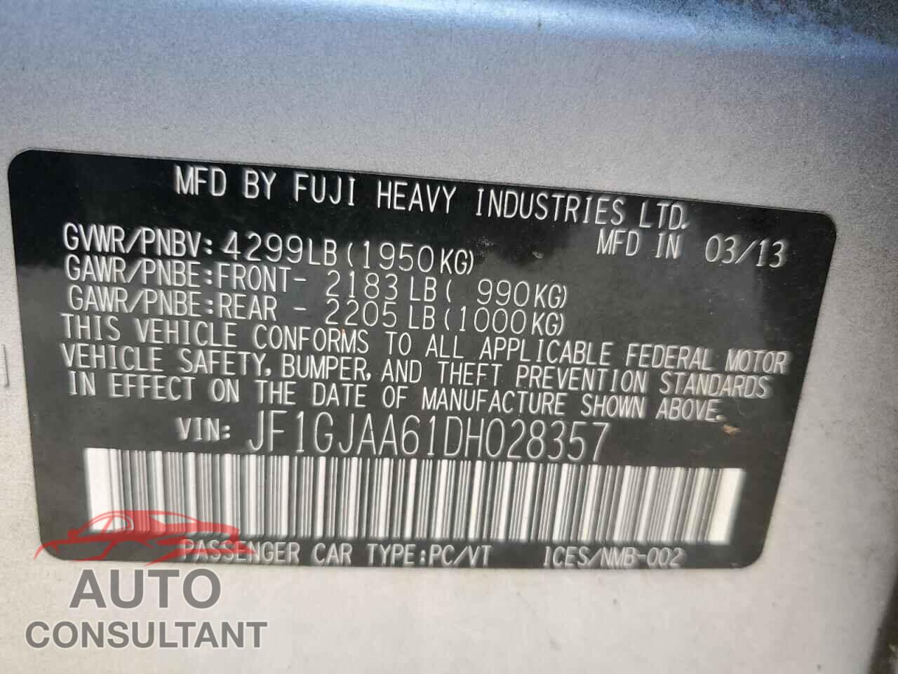 SUBARU IMPREZA 2013 - JF1GJAA61DH028357