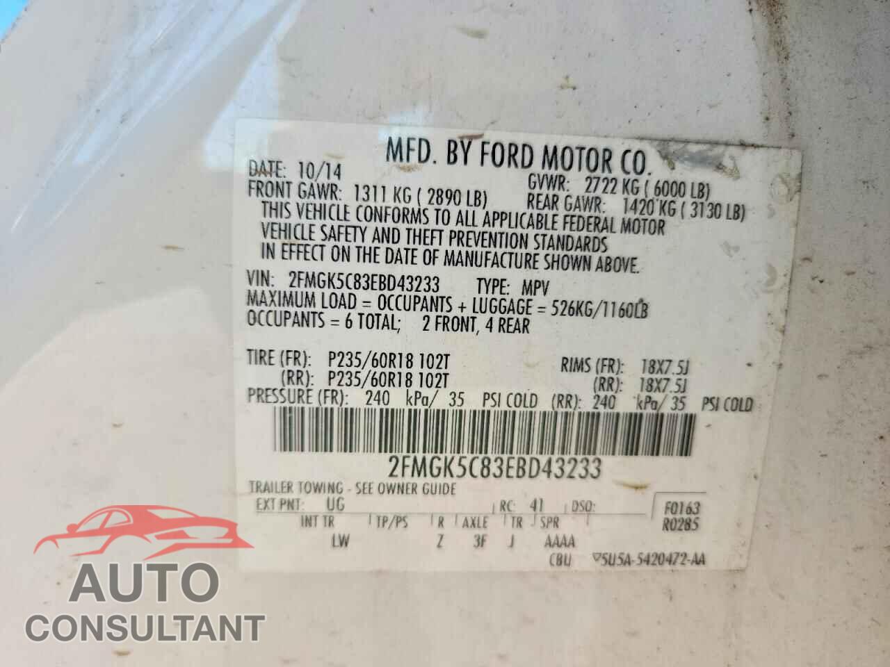 FORD FLEX 2014 - 2FMGK5C83EBD43233