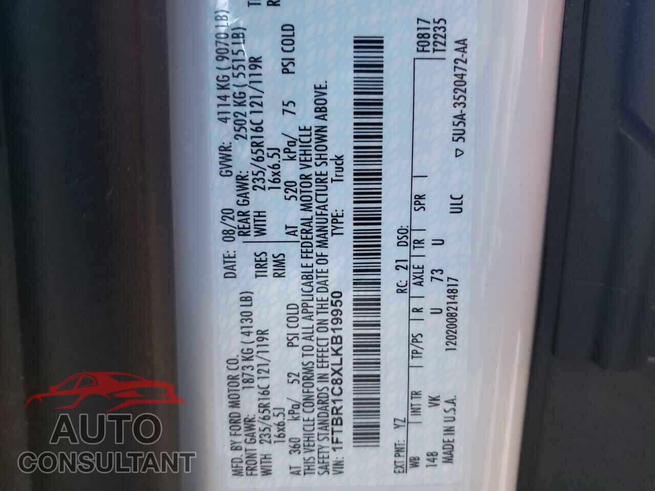 FORD TRANSIT CO 2020 - 1FTBR1C8XLKB19950
