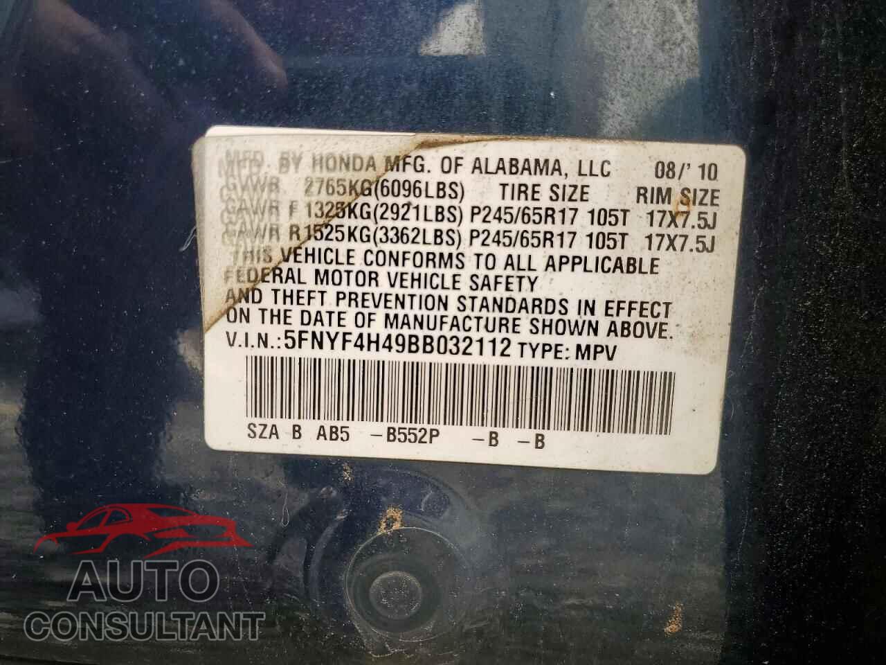 HONDA PILOT 2011 - 5FNYF4H49BB032112