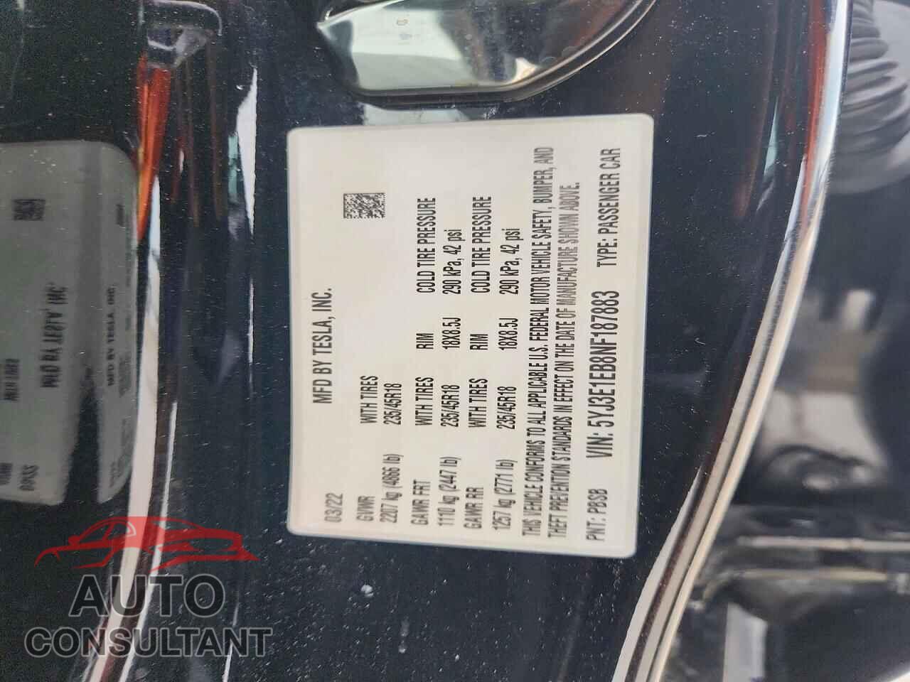 TESLA MODEL 3 2022 - 5YJ3E1EB8NF187883