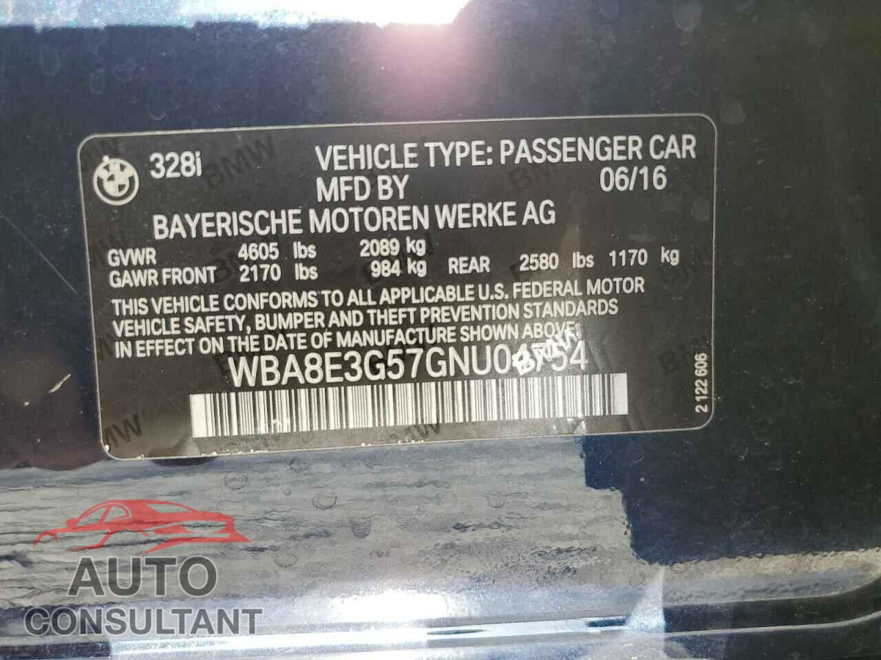 BMW 3 SERIES 2016 - WBA8E3G57GNU04754