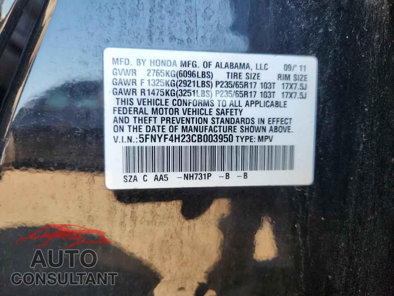 HONDA PILOT 2012 - 5FNYF4H23CB003950