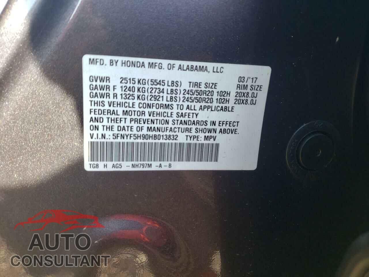 HONDA PILOT 2017 - 5FNYF5H90HB013832