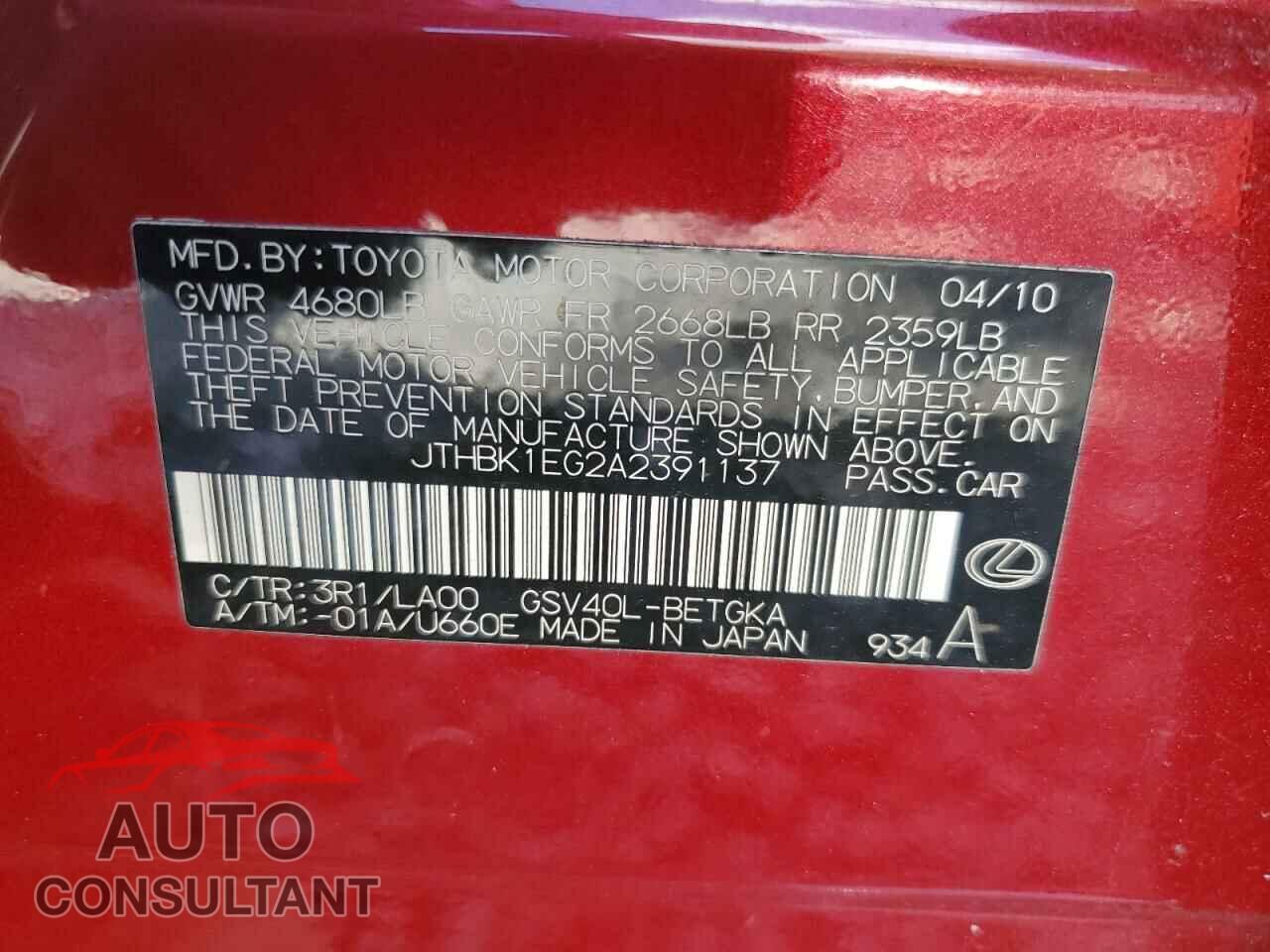 LEXUS ES350 2010 - JTHBK1EG2A2391137