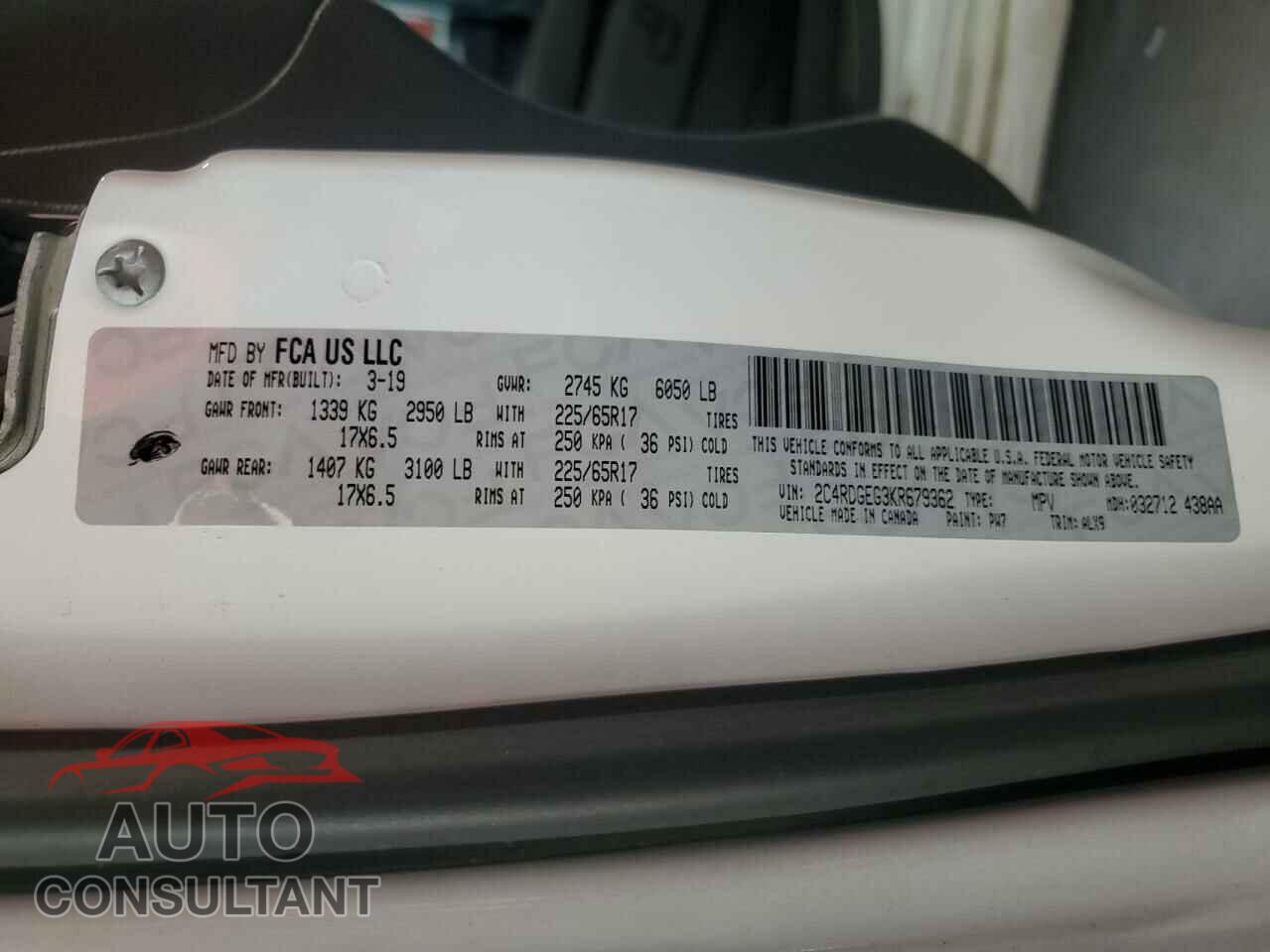 DODGE CARAVAN 2019 - 2C4RDGEG3KR679362