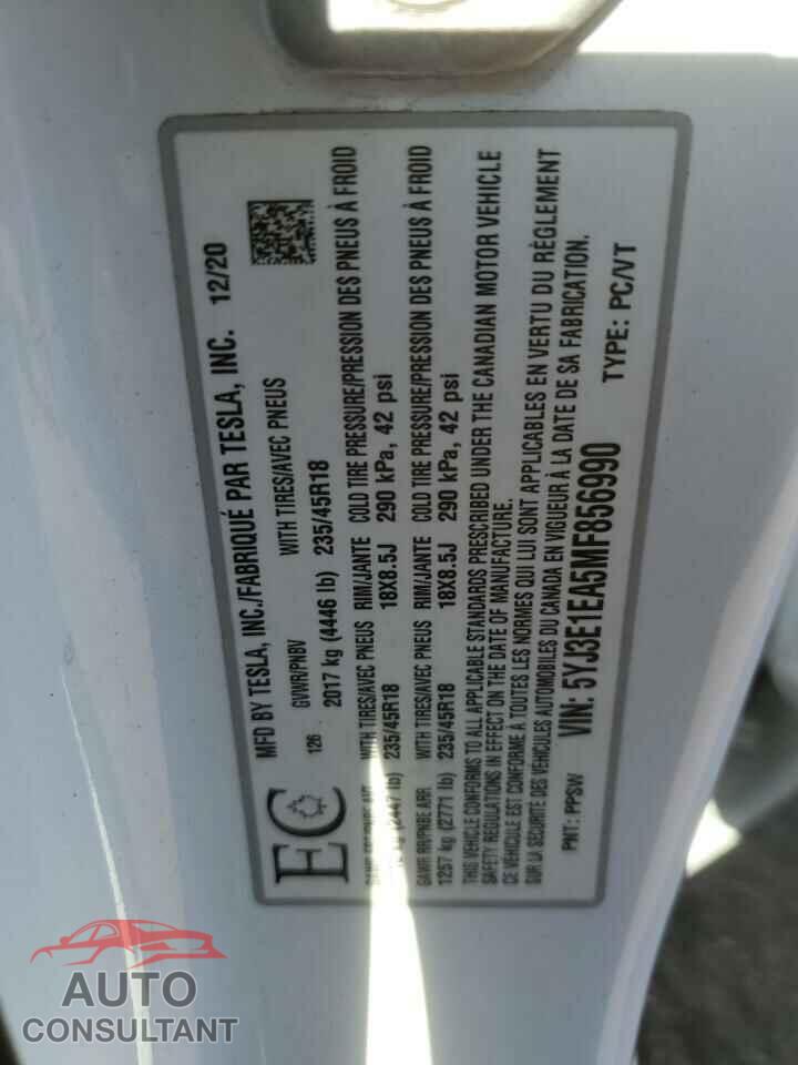 TESLA MODEL 3 2021 - 5YJ3E1EA5MF856990