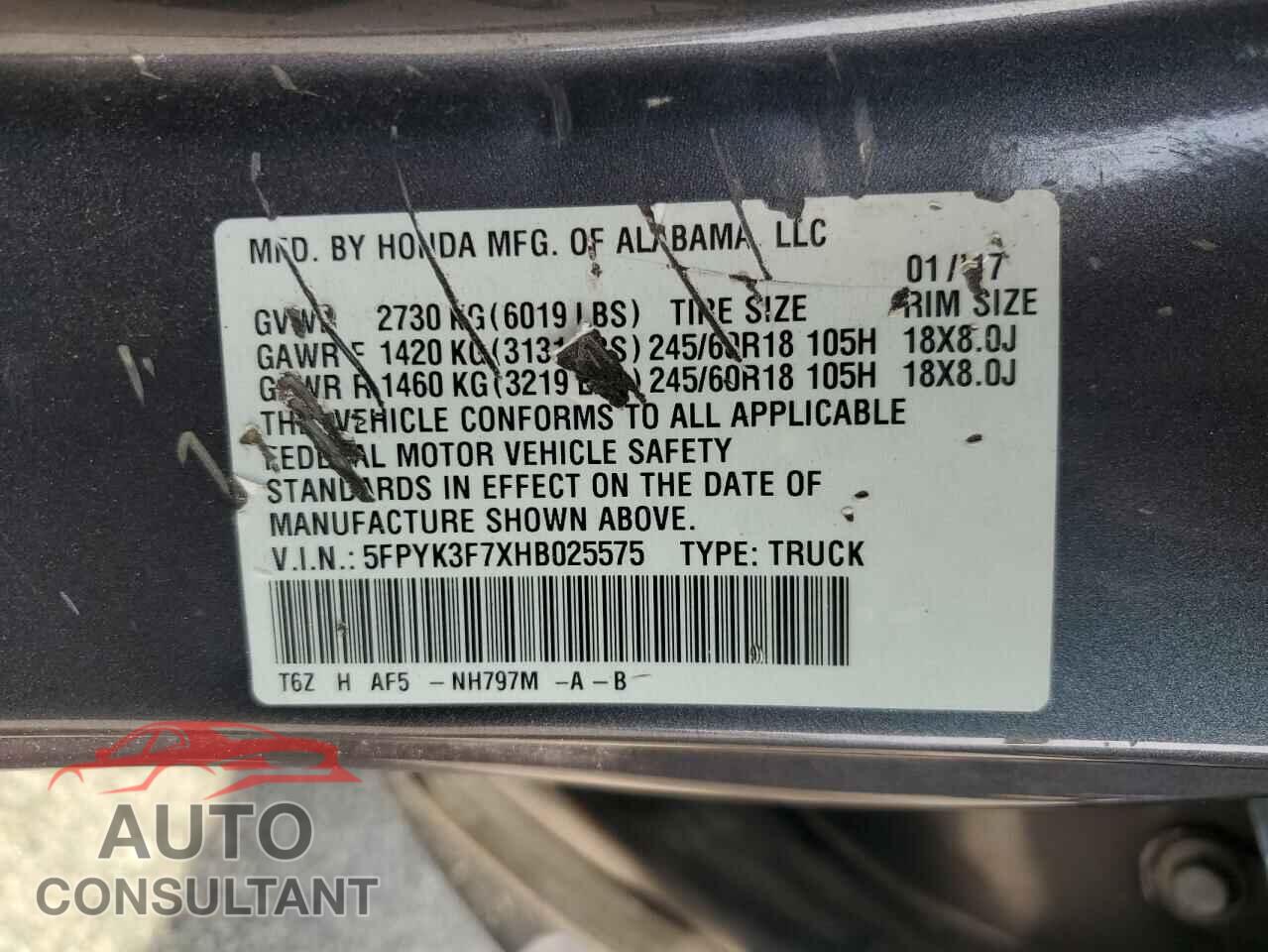 HONDA RIDGELINE 2017 - 5FPYK3F7XHB025575