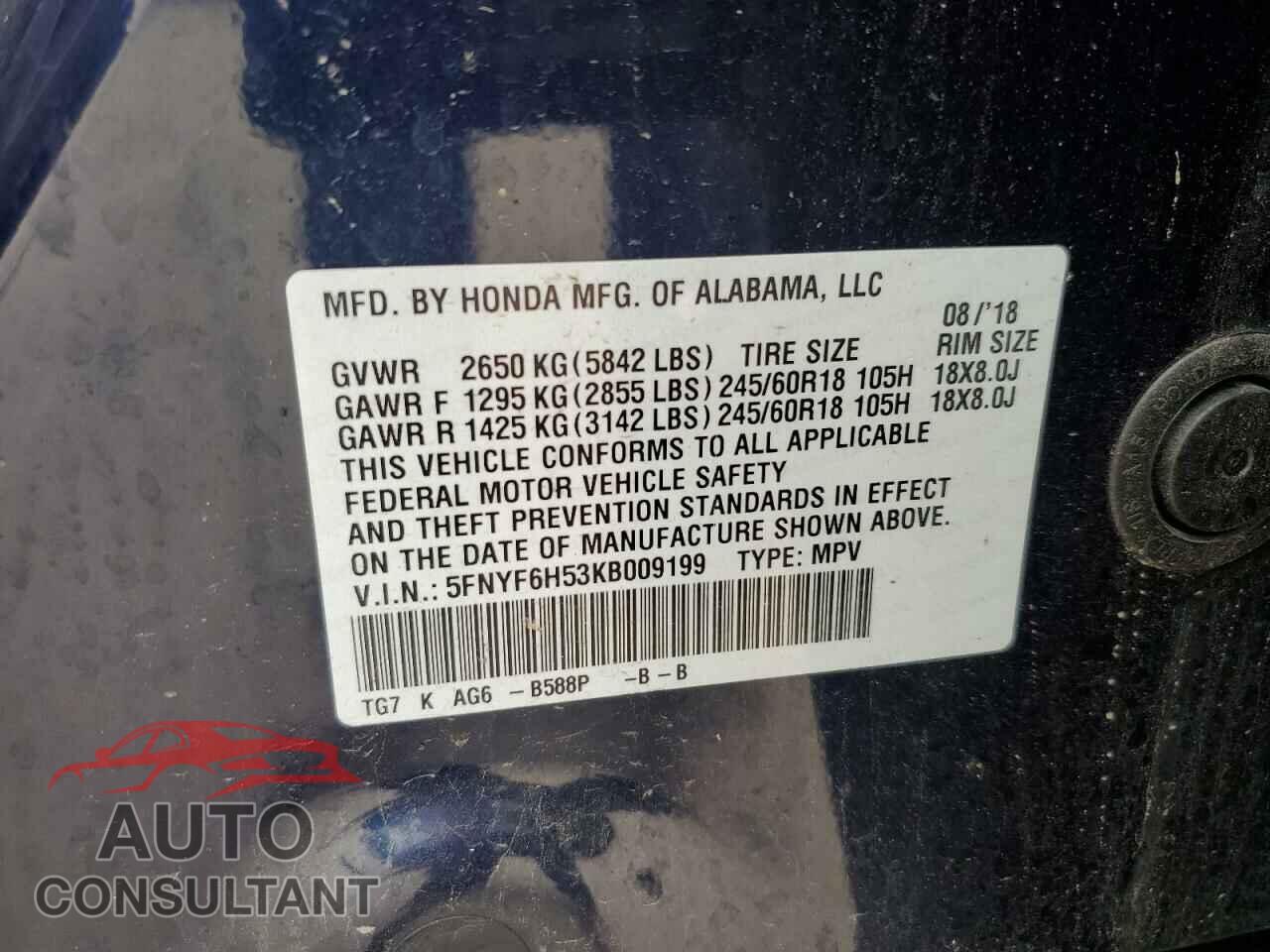 HONDA PILOT 2019 - 5FNYF6H53KB009199