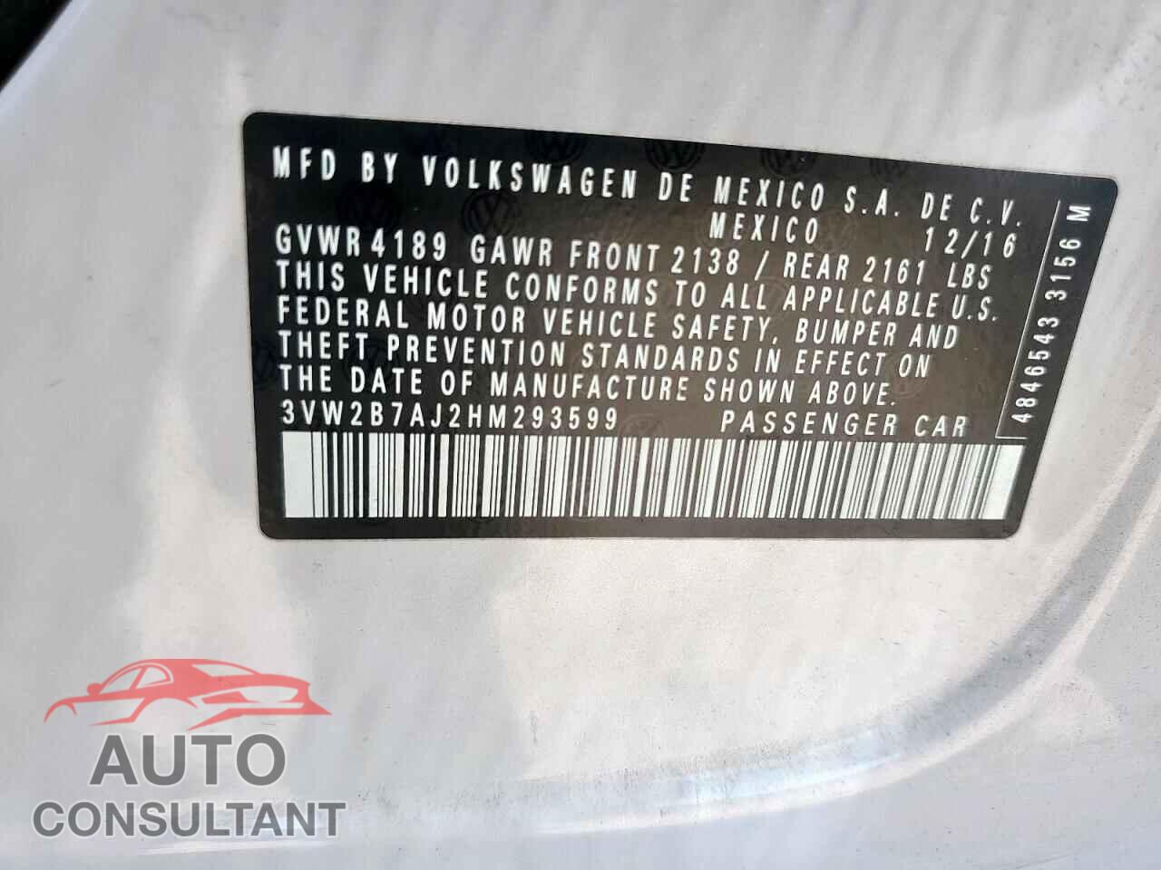 VOLKSWAGEN JETTA 2017 - 3VW2B7AJ2HM293599