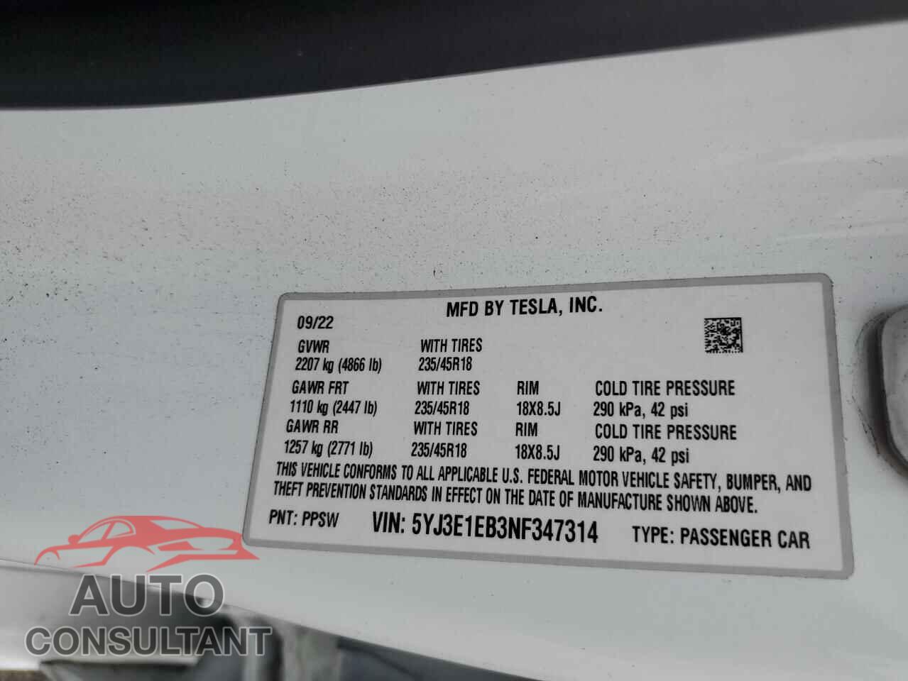 TESLA MODEL 3 2022 - 5YJ3E1EB3NF347314