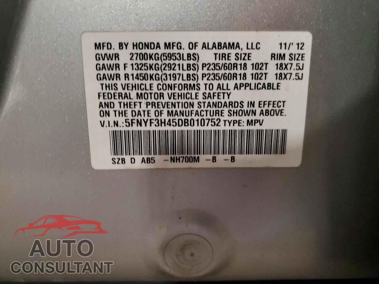HONDA PILOT 2013 - 5FNYF3H45DB010752