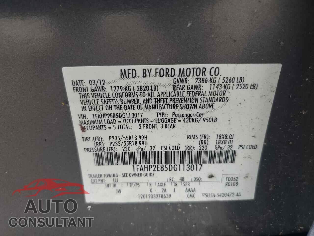 FORD TAURUS 2013 - 1FAHP2E85DG113017
