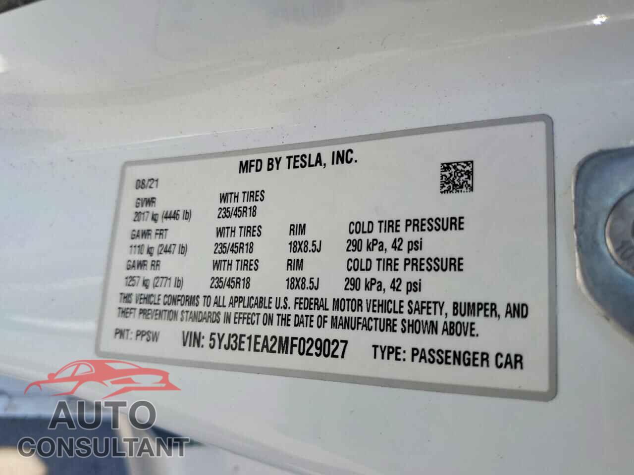 TESLA MODEL 3 2021 - 5YJ3E1EA2MF029027