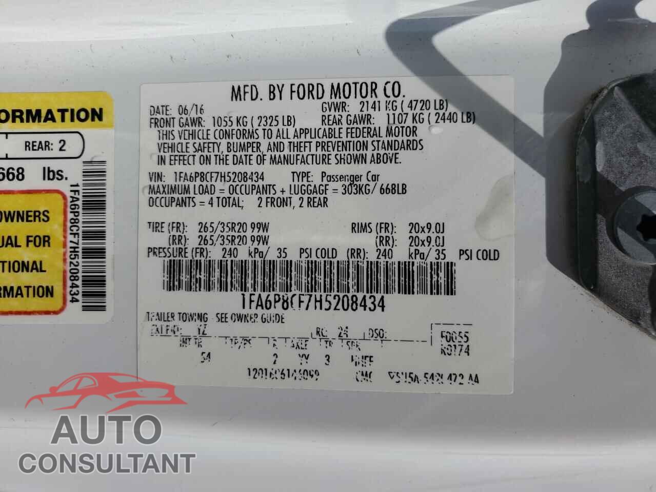 FORD MUSTANG 2017 - 1FA6P8CF7H5208434