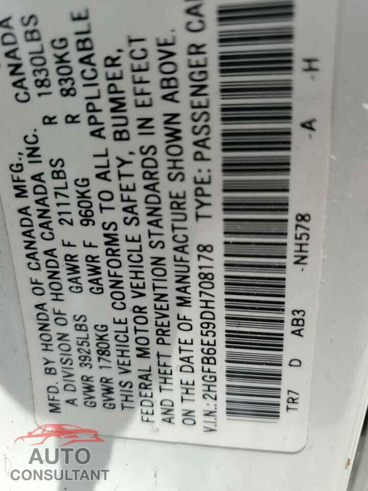HONDA CIVIC 2013 - 2HGFB6E59DH708178