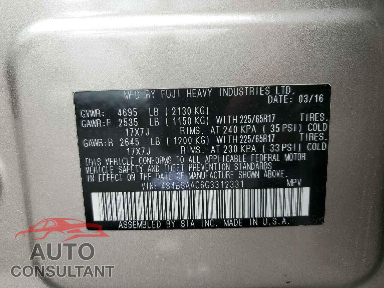 SUBARU OUTBACK 2016 - 4S4BSAAC6G3312331