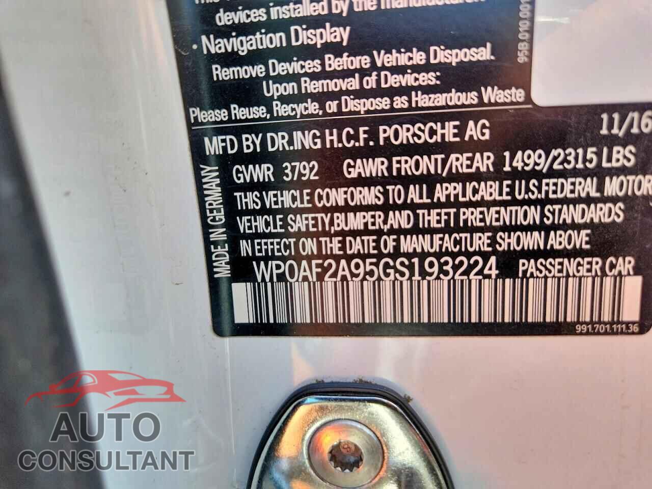 PORSCHE 911 2016 - WP0AF2A95GS193224
