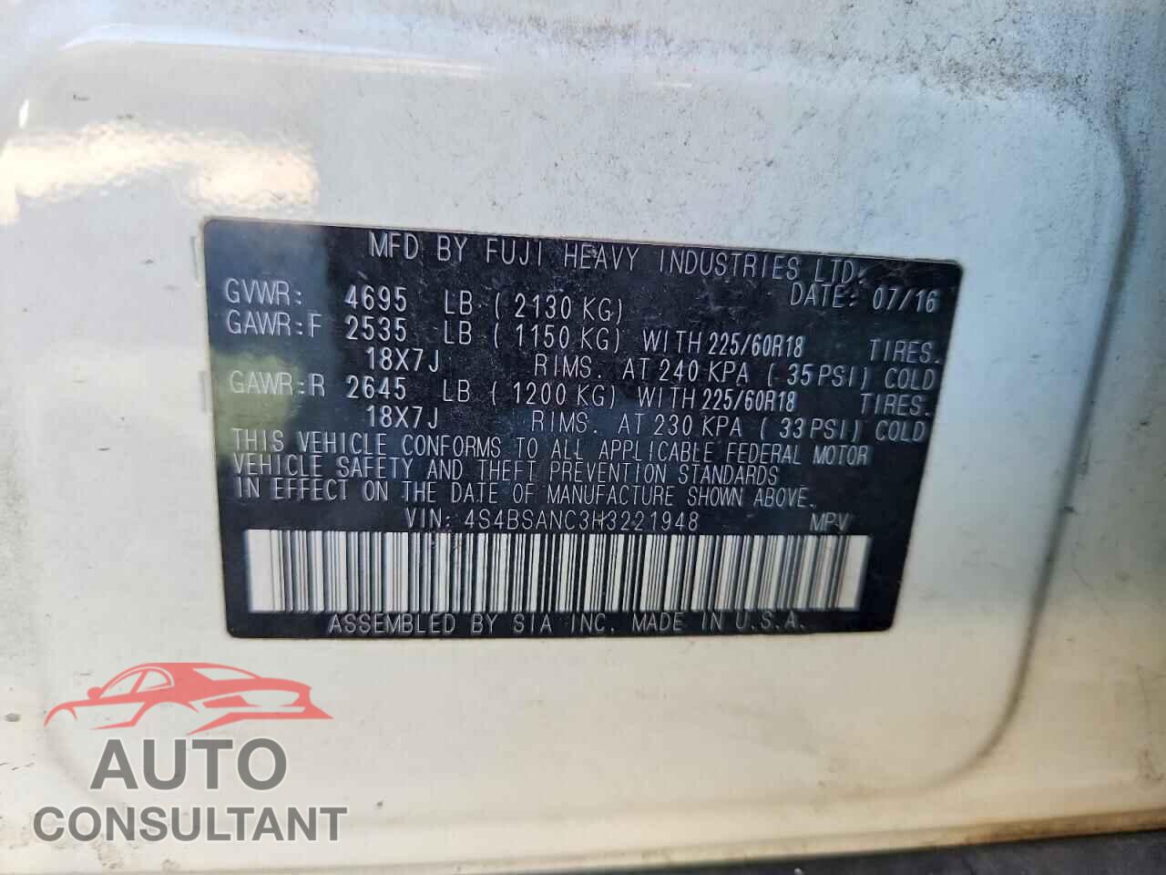 SUBARU OUTBACK 2017 - 4S4BSANC3H3221948