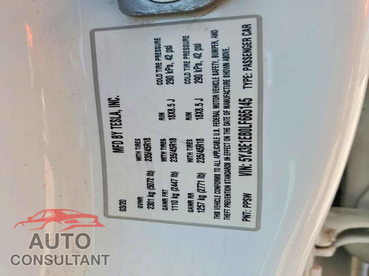 TESLA MODEL 3 2020 - 5YJ3E1EB0LF665145