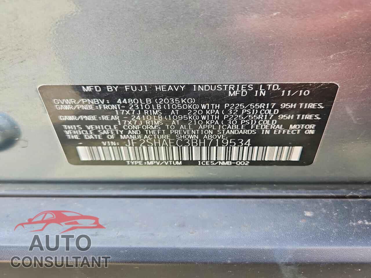 SUBARU FORESTER 2011 - JF2SHAEC3BH719534