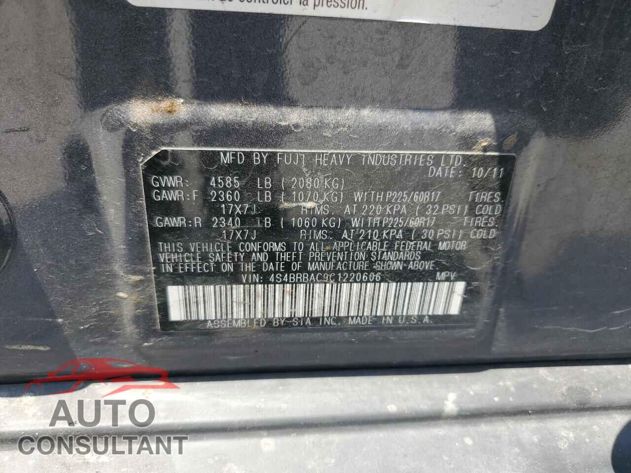 SUBARU OUTBACK 2012 - 4S4BRBAC9C1220606