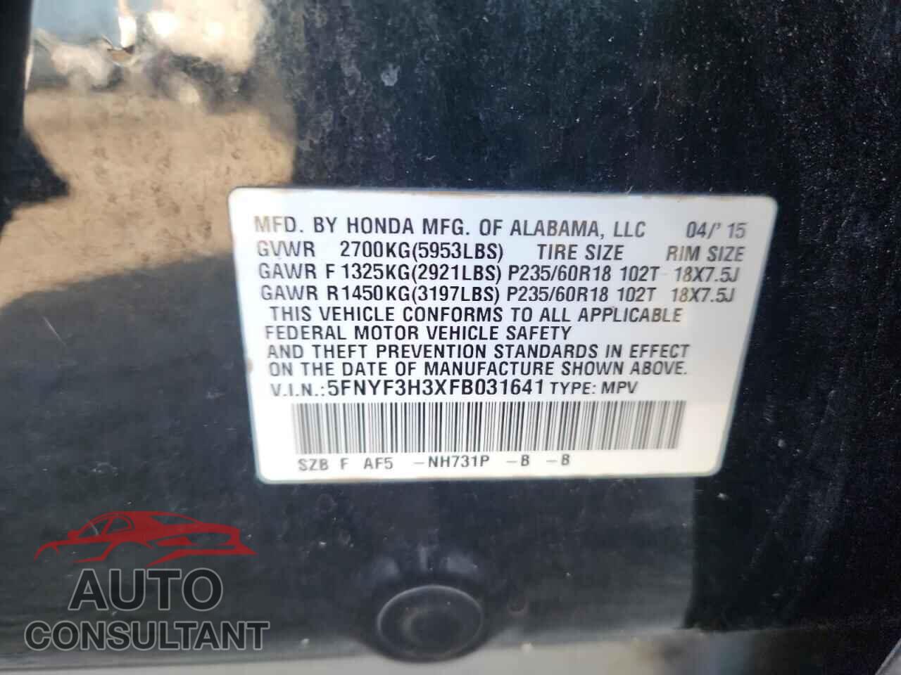 HONDA PILOT 2015 - 5FNYF3H3XFB031641