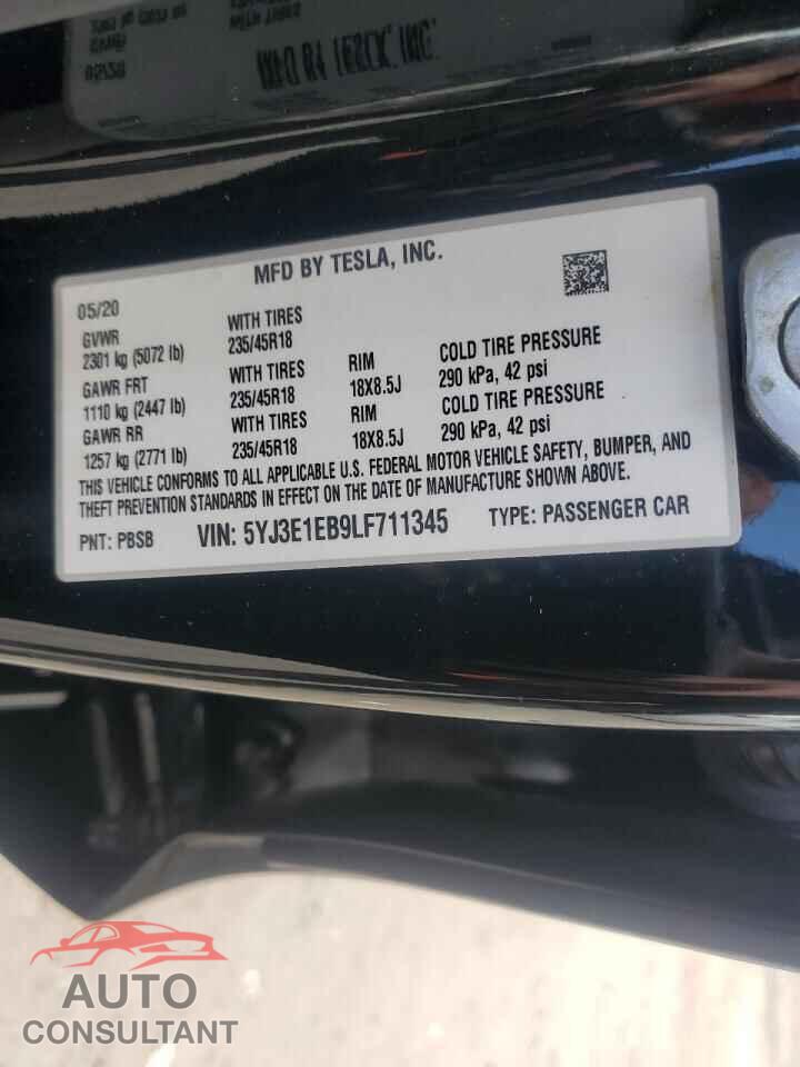 TESLA MODEL 3 2020 - 5YJ3E1EB9LF711345