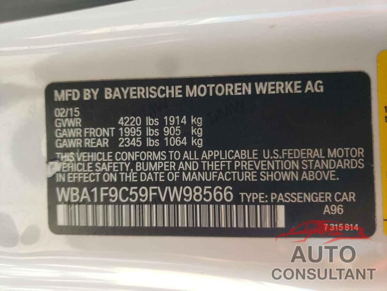 BMW 2 SERIES 2015 - WBA1F9C59FVW98566